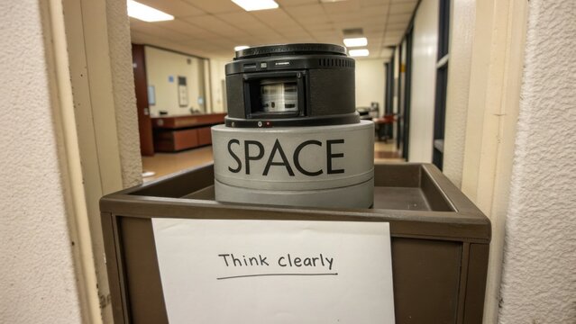 Creative workspace featuring a camera lens on a bin labeled 'SPACE' with a motivational sign urging people to think clearly