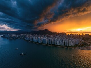 Fototapeta premium Dramatic split sky over a sprawling coastal city at dusk