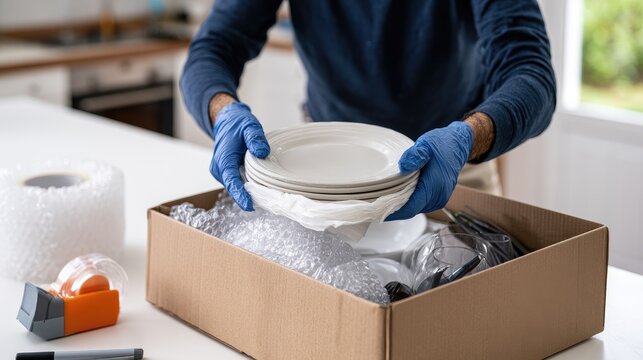 Person in blue gloves carefully packs plates into a cardboard box with protective wrapping