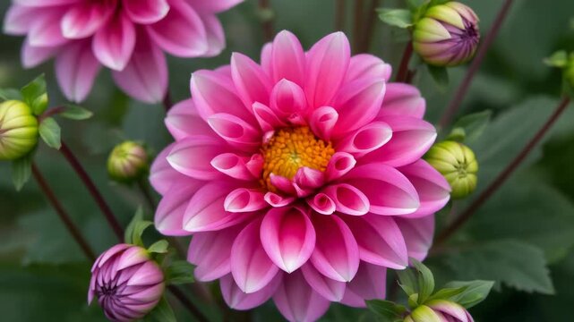 Pink dahlia with buds, layered petals and yellow center, close up