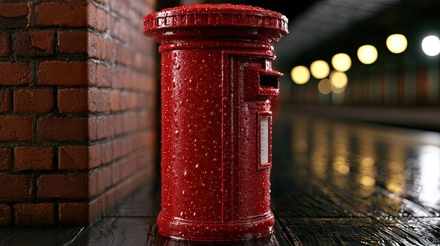 Red, wet postbox stands beside a brick wall on a rainy night