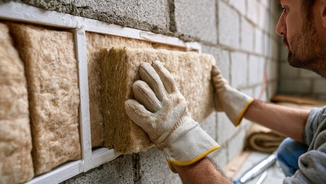 Man in gloves installing fluffy insulation panels into wall frame