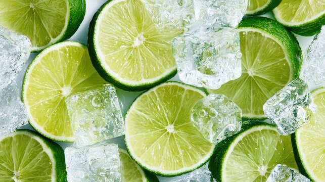 Refreshing citrus slices and glistening ice cubes create a cool, vibrant backdrop