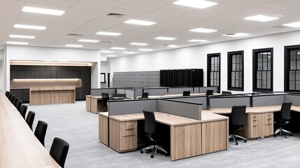 Fototapeta premium Bright, modern open-plan office with cubicles, desks, lockers, and reception