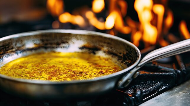 Sizzling oil in a pan on a gas stove with flames licking the background