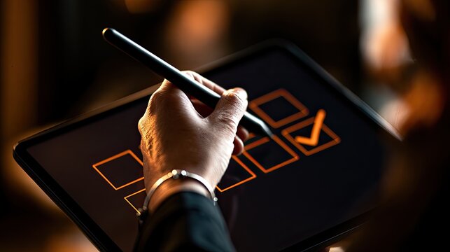 Hand using stylus to mark a checkbox on a digital tablet screen