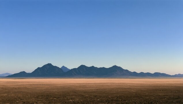 Vast desert plain meets distant, rugged mountain range under a clear blue sky