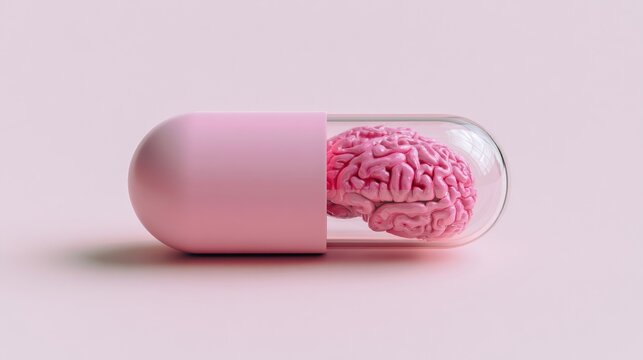 A pink pill capsule contains a miniature, realistic human brain