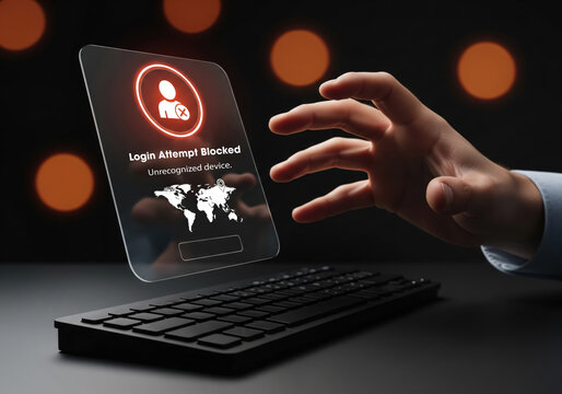 Hand reaching over a keyboard with a glowing holographic screen displaying a blocked login attempt and unrecognized device warning.