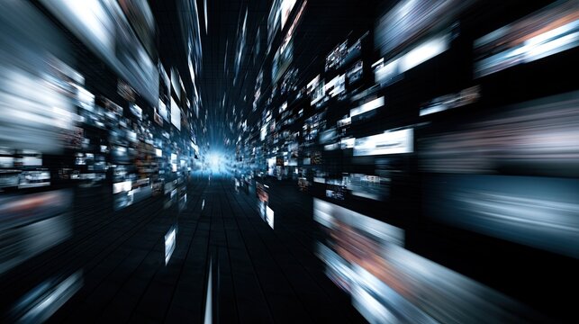 A tunnel of glowing screens in motion, creating a dynamic data flow