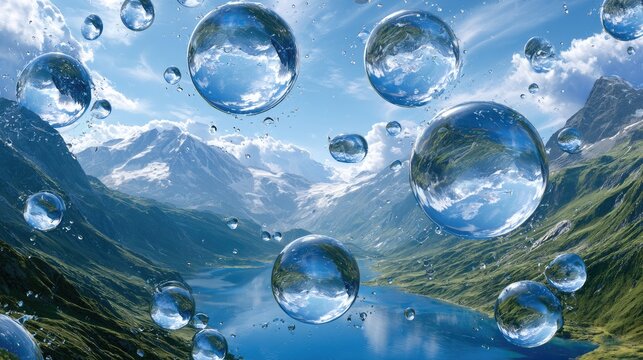 Floating water spheres reflect a majestic mountain landscape with a serene lake