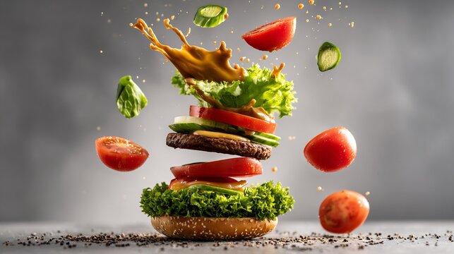 Vertical arrangement of gourmet burger components with splashing sauce and fresh garden vegetables
