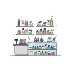 Fototapeta premium A collection of various glass perfume bottles displayed on shelves in a shop