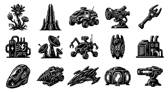 Sci-Fi Technology and Futuristic Objects Black and White Line Art Vector Icons