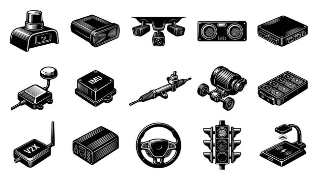 Autonomous Driving Technology Icons: Black and White Vector Set