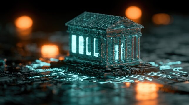 Futuristic ancient building on glowing circuitry, representing digital finance