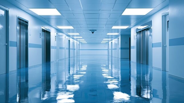 Clean, bright, long corridor with reflective floors, doors, and elevators
