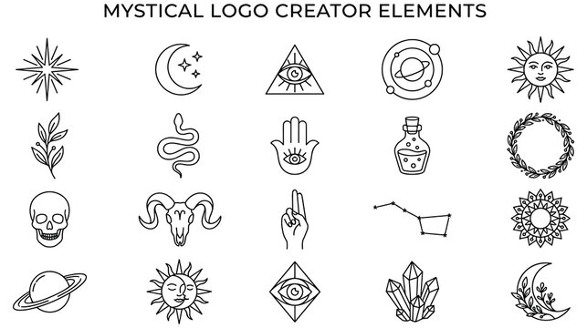 Mystical logo creator elements with occult celestial and nature symbols.