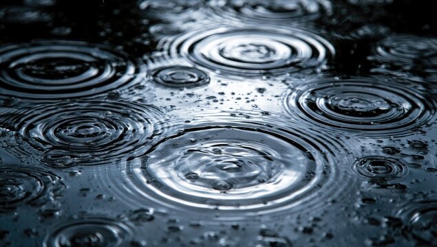 Close-up of raindrops hitting a dark, reflective surface, creating ripples