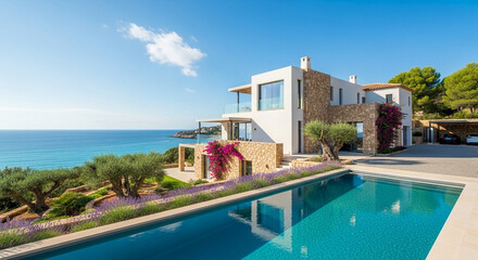 Fototapeta premium Modern house with pool overlooking ocean and lush greenery on sunny day