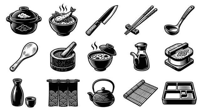 Black and White Line Art Icons of Japanese Food and Kitchen Utensils