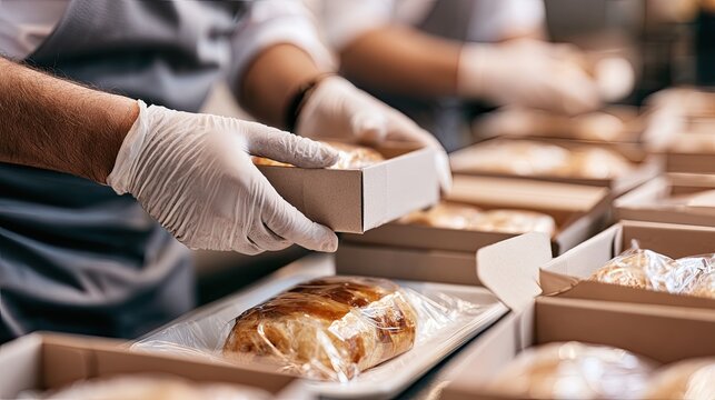 Hands in gloves prepare food boxes, packaging meals in a line