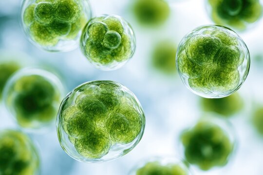 Microscopic green spheres cluster, resembling cells or organic growth