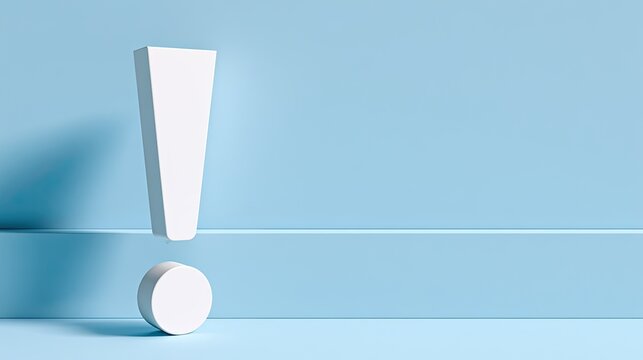 A prominent white exclamation mark stands on a cool blue background