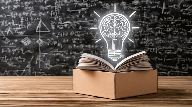 Open book with glowing brain-lightbulb above, on wooden desk, chalk board background
