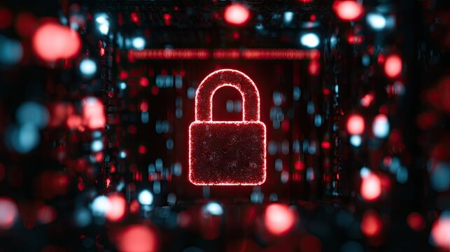 Red glowing padlock icon in a dark, abstract, digital tunnel