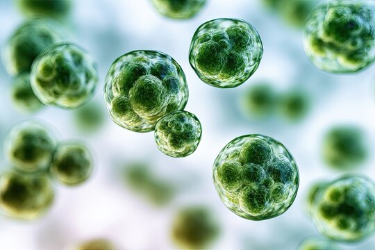 Green, round, textured organic cells clustered in soft focus
