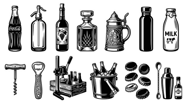 Vintage Bar and Beverage Collection in Engraved Black and White Line Art Style with Bottles, Openers, and Shakers