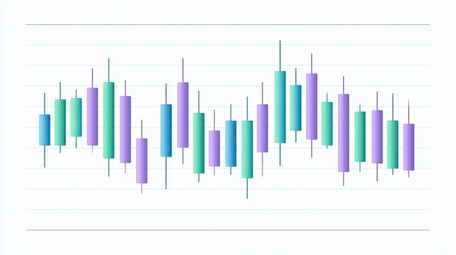 Colorful candlestick chart with ascending/descending trends, showing market data