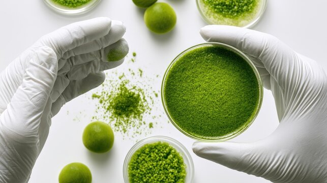 Gloves hold petri dish with green powder; samples and spheres surround