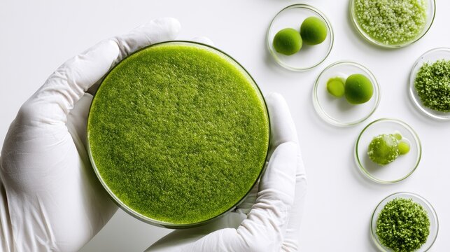 Gloved hands hold petri dish of green algae, surrounded by small cultures