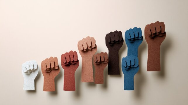 Diverse skin-toned paper cutouts of raised fists ascend diagonally
