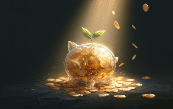 Transparent piggy bank overflowing with gold coins, a sprout growing (1)