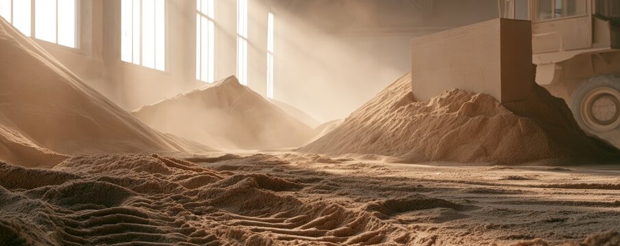 Large mounds of wood shavings illuminated by sunlight filtering through windows