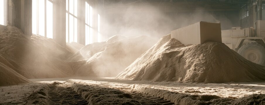 Interior, industrial building with large piles of light-colored material, dust motes