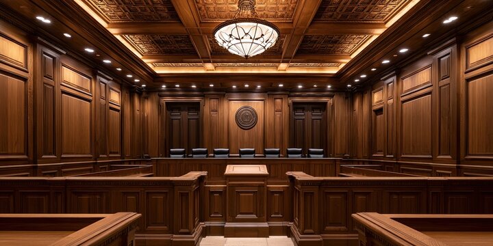 Ornate courtroom interior with polished wood panels, a central raised desk, and judicial seating