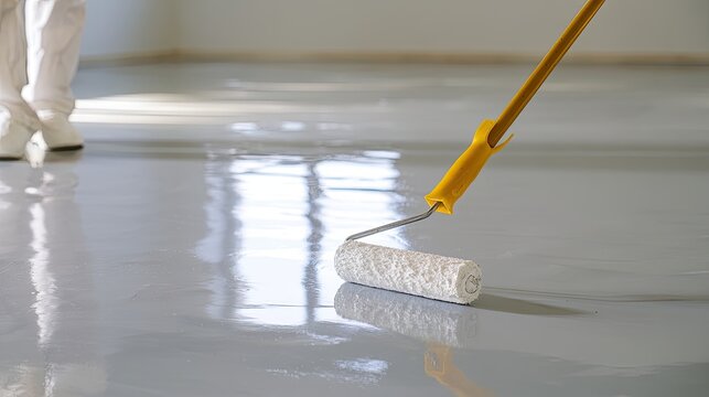 Applying glossy floor coating with roller, person in protective suit