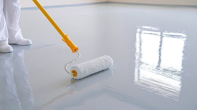Person in white applies reflective liquid coating to large room floor