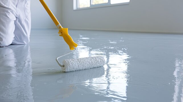 Person in white applies shiny, light blue coating to floor with roller