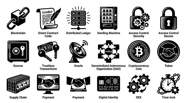 Blockchain  Cryptocurrency Fintech Icons Set - Decentralized Technology Solid Black  White Glyphs