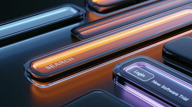 Illuminated digital interface buttons for search, login, and new software