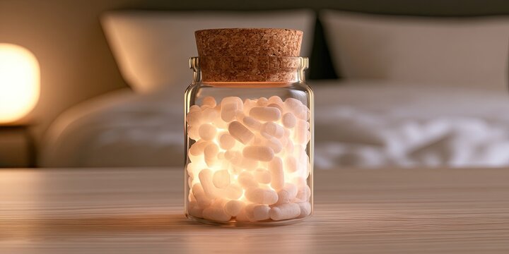A glass jar filled with glowing pills rests on a wooden surface