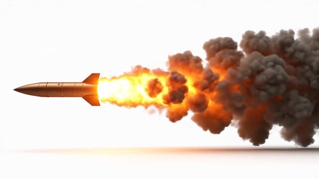Bronze colored missile flying with fiery engine exhaust and dark smoke trail on a white background