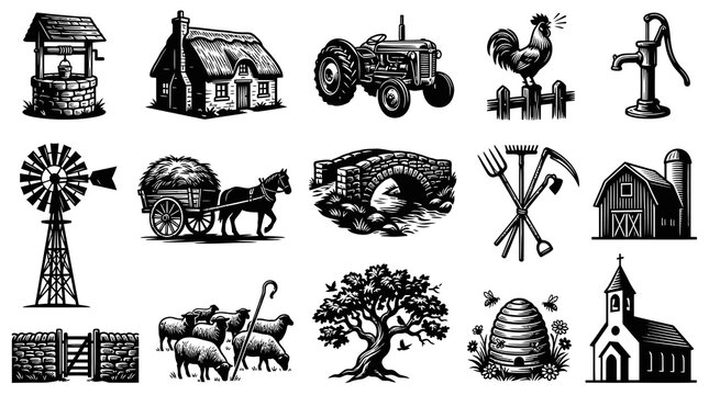 Vintage Farm Icons: Black and White Line Art of Rural Village Life and Agriculture