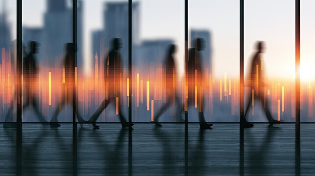 Silhouettes of people walk past a city skyline overlaid with rising orange bars