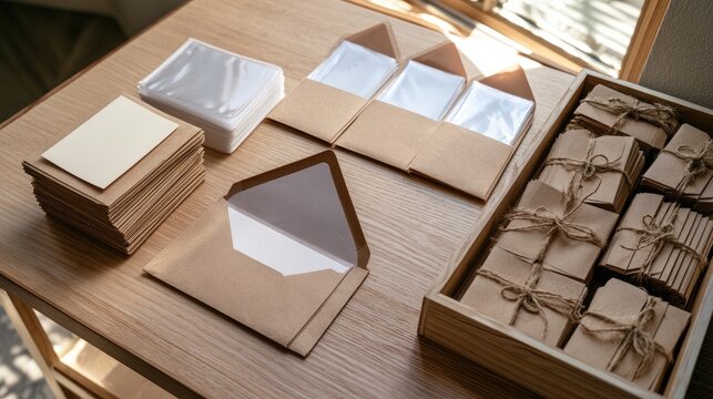 Stacks of brown envelopes, cards, and twine-tied packages on a wooden table